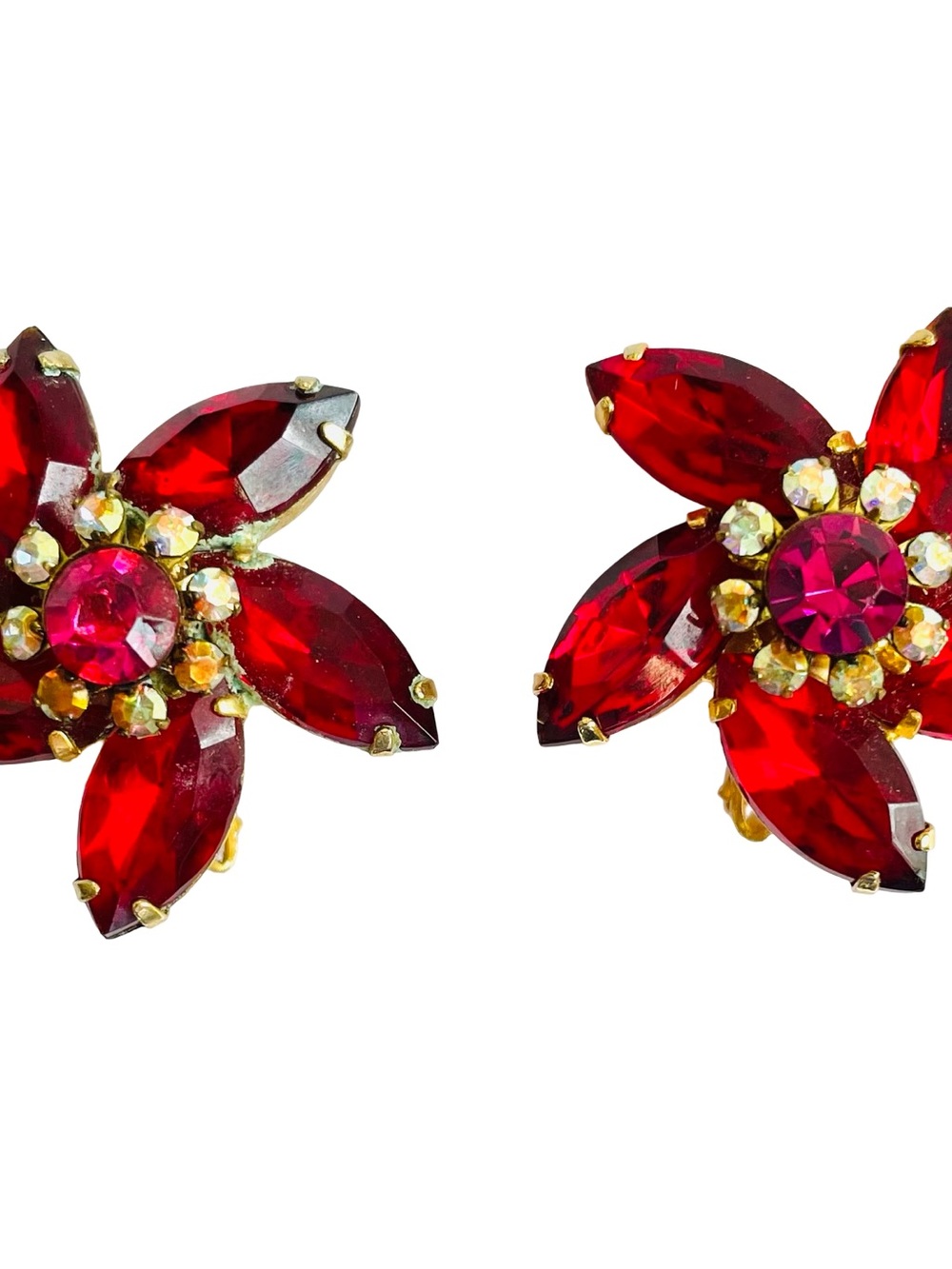 Vintage Mid-Century Red Rhinestone Flower Clip Earrings